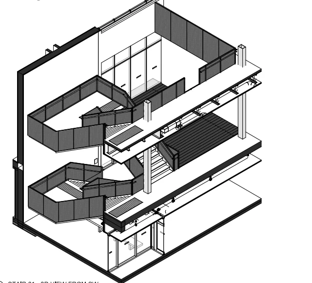 3D axonometric of Harry Jerome's Stair 01 — two switchback flights rising through mesh-clad guards, drawn from the southwest