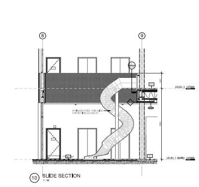 Section drawing of the stainless steel tube slide descending from Level 2 to Level 1 beside the stair