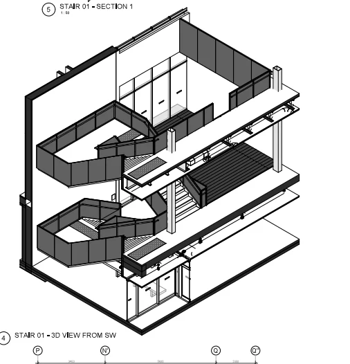 Architectural 3D view of Harry Jerome's Stair 01 from the southwest — switchback flights wrapping the atrium with the slide beside them