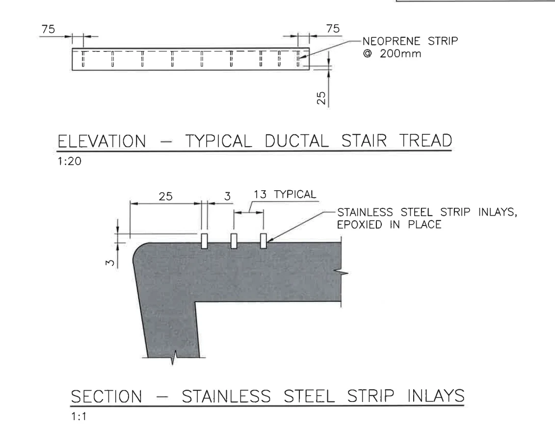 Engineering drawing: elevation of a typical Ductal stair tread, 25 mm thin on 75 mm bearings, and a 1:1 section of the stainless steel strip inlays epoxied into the tread surface
