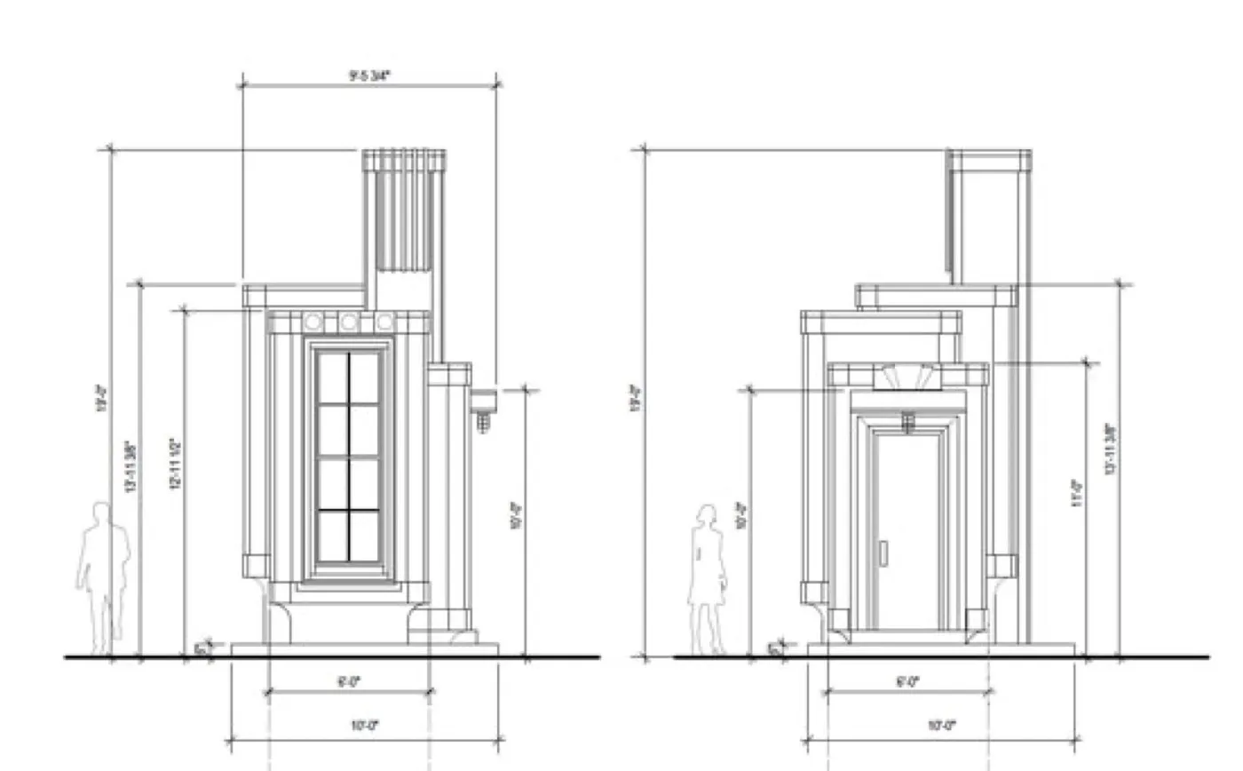 Cedric Bomford's drawings for the Substation Pavilion — elevations and sections of the panelled form