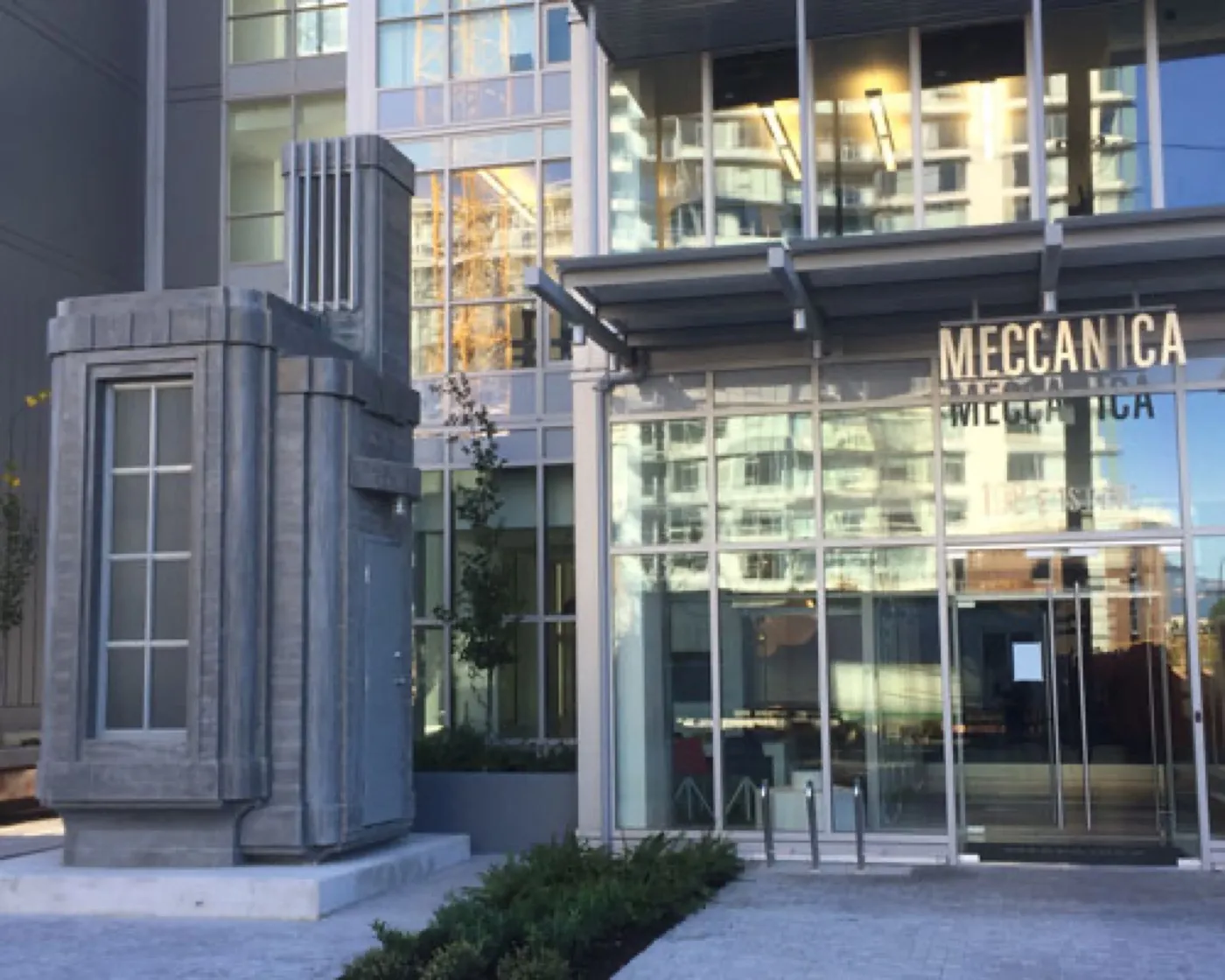 The finished Substation Pavilion standing in the Meccanica development plaza, Vancouver