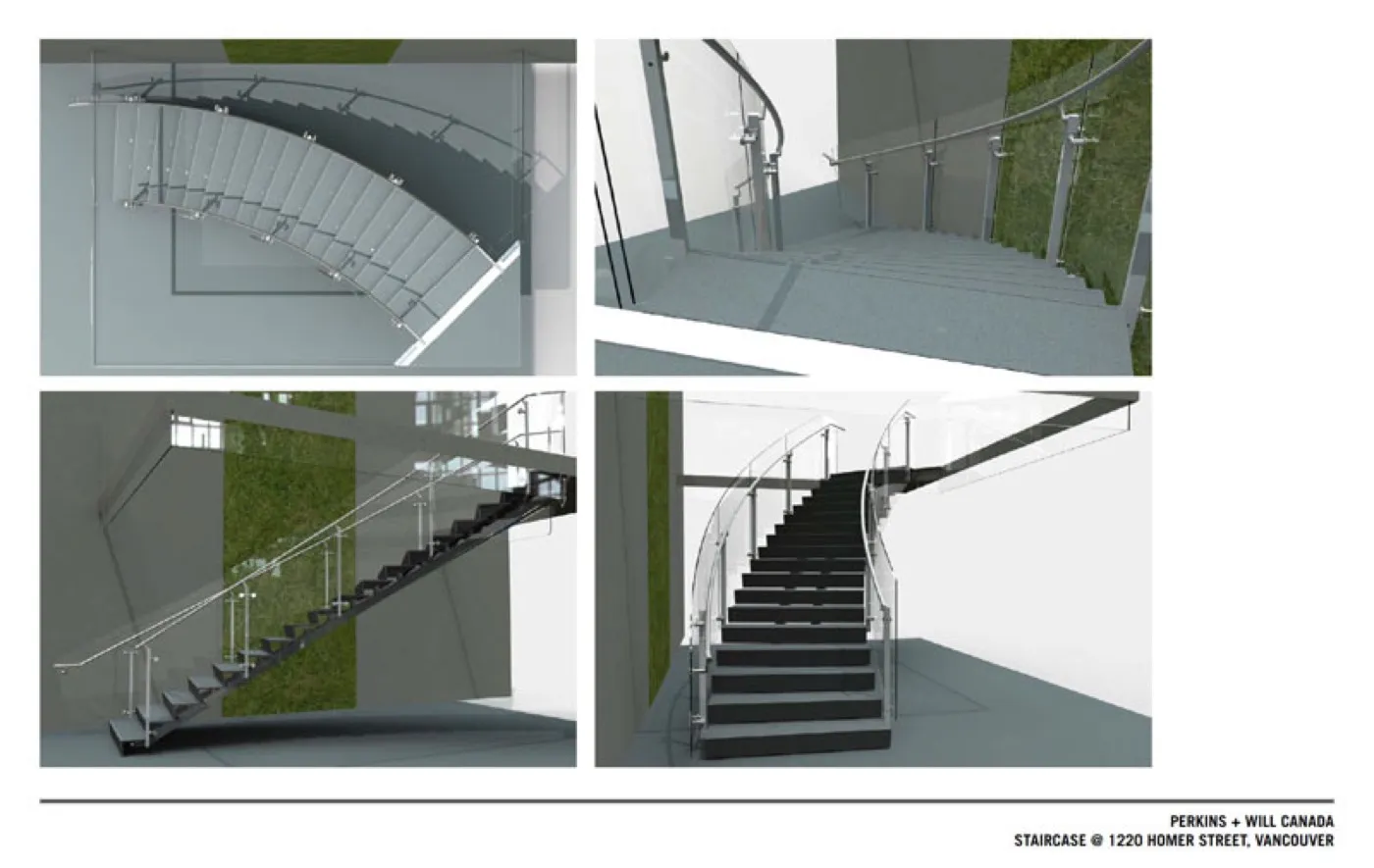 A four-panel rendering sheet from Perkins+Will Canada for the 1220 Homer Street staircase — the curved flight seen from above, from below, in elevation and head-on, dark treads behind a curved glass balustrade
