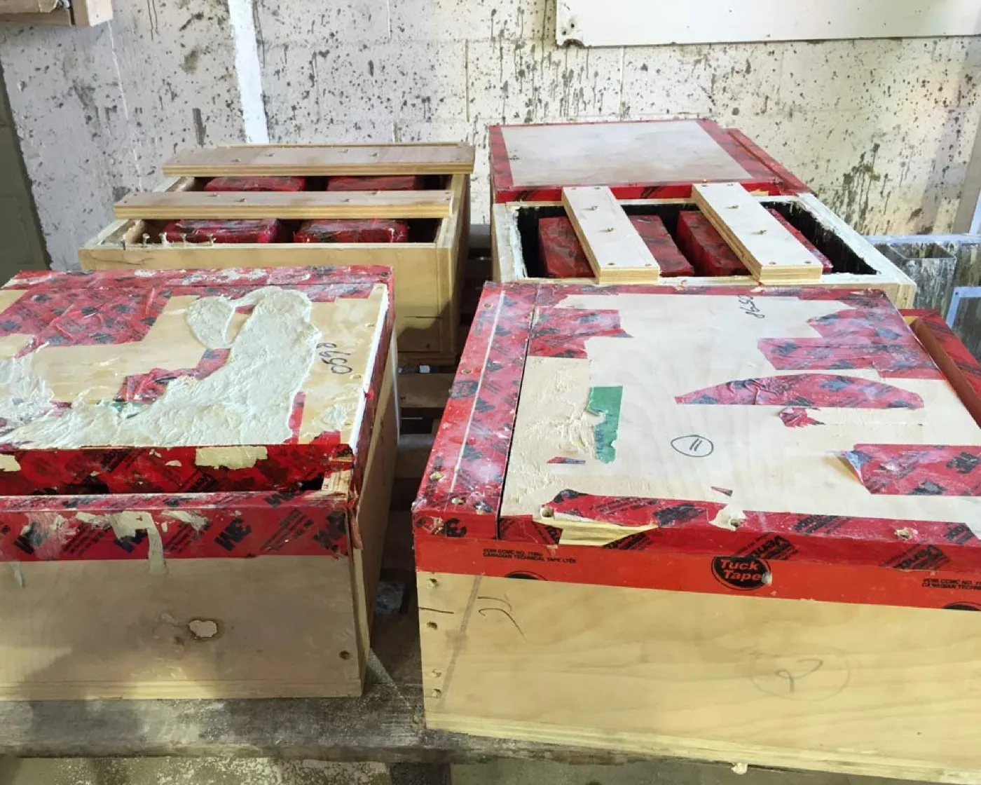 A run of open molds on the shop floor, each holding the profile of a different terracotta unit