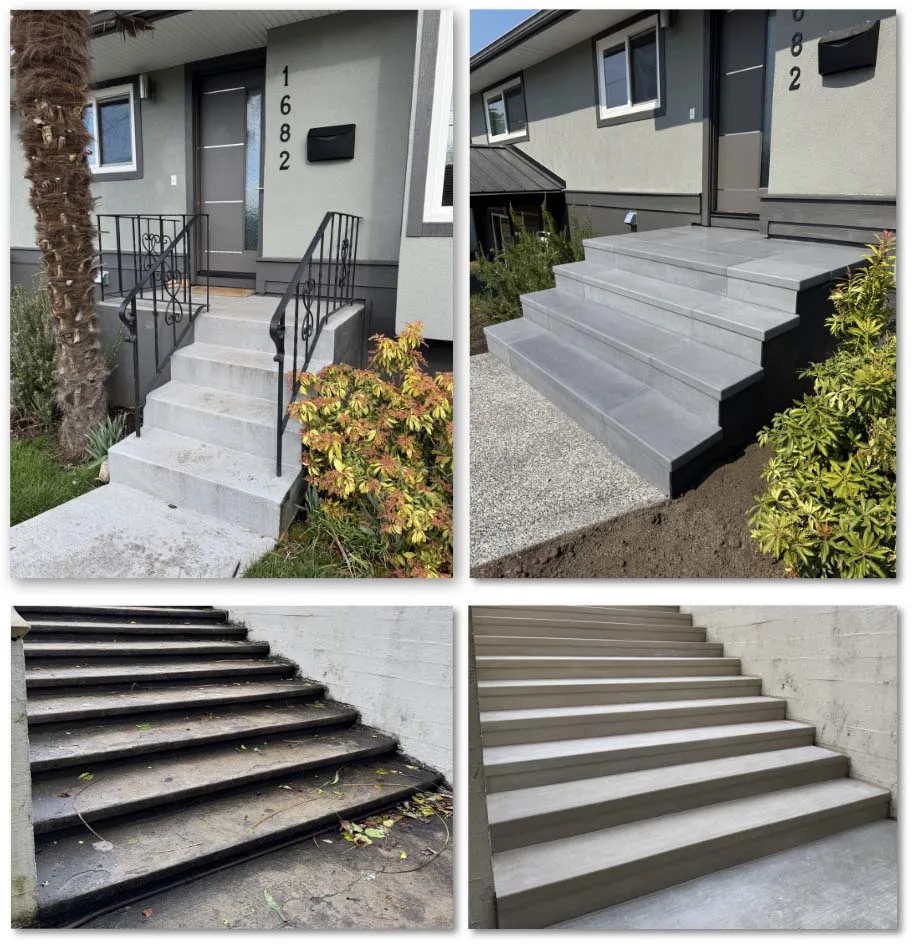 Two before-and-after pairs: cracked, spalling exterior steps beside the same stairs resurfaced with crisp StepClad UHPC treads and risers