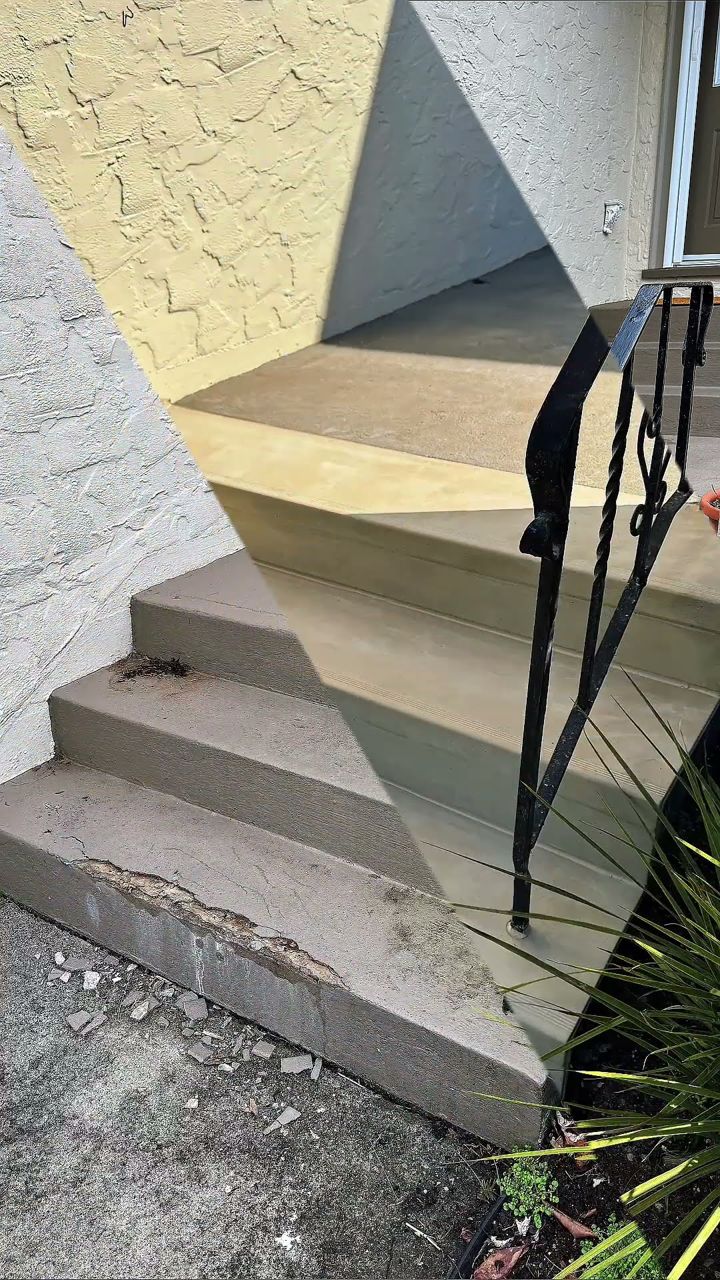 Video still: worn exterior concrete steps before StepClad — the bottom tread spalled and crumbling, broken fragments on the pavement below