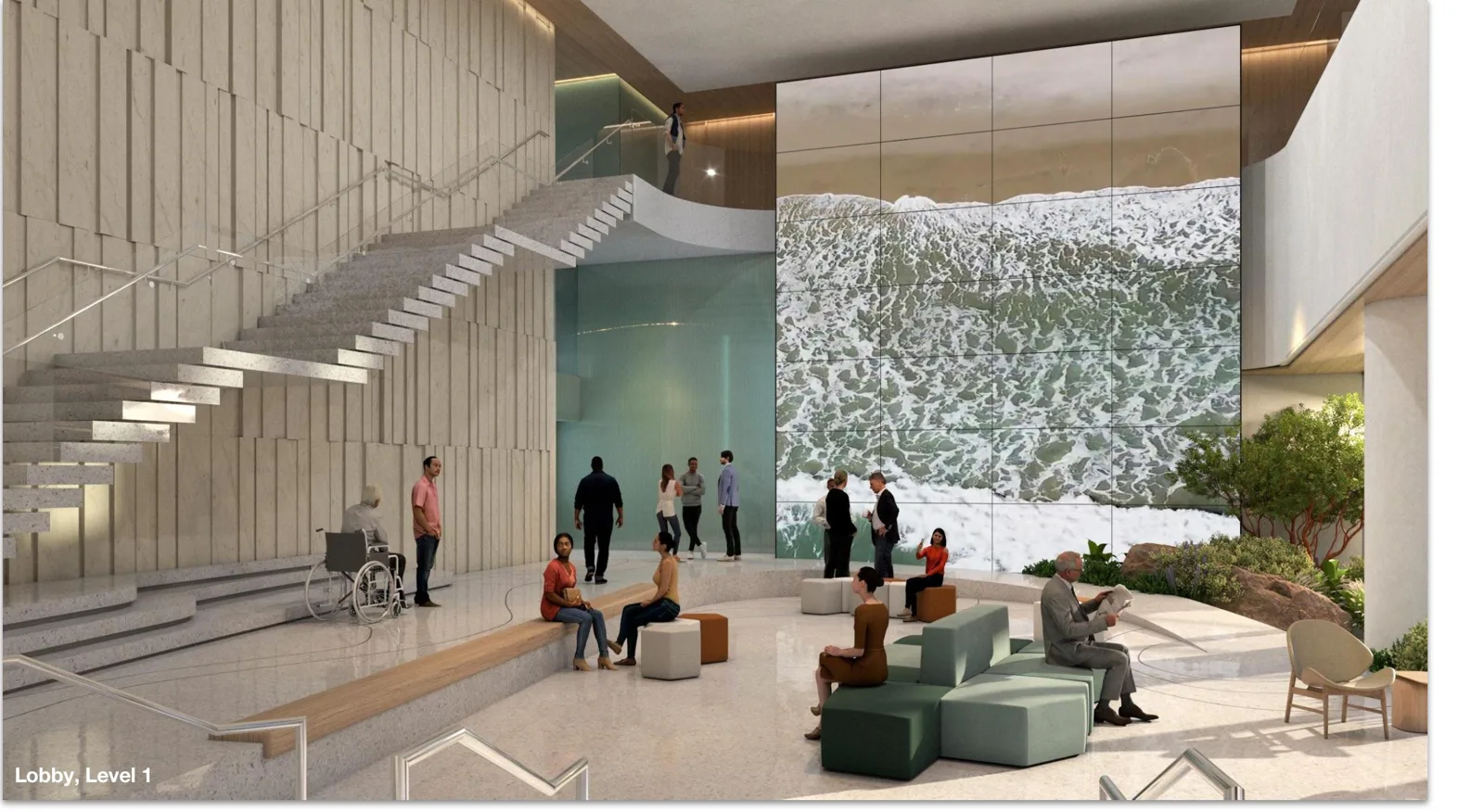 Rendering of the Telus Ocean City Room lobby — the three-flight feature stair rising along a panelled stone wall, a two-storey ocean video wall and amphitheatre seating below