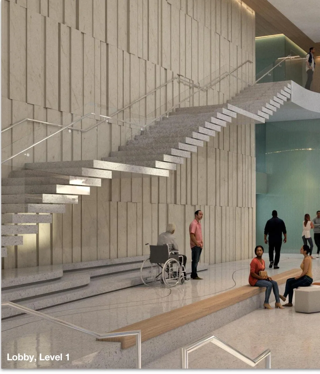 Rendering of the Telus Ocean City Room lobby — a thin cantilevered feature stair rising along the panelled stone wall, amphitheatre seating below