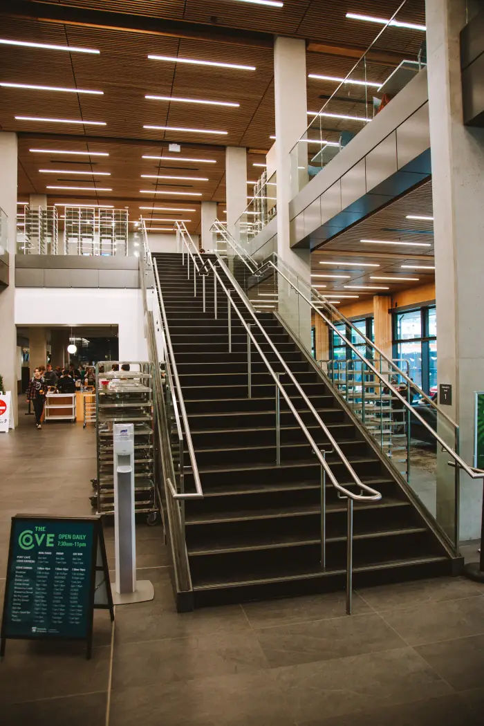 Full side elevation of the feature stair beneath the mass-timber ceiling